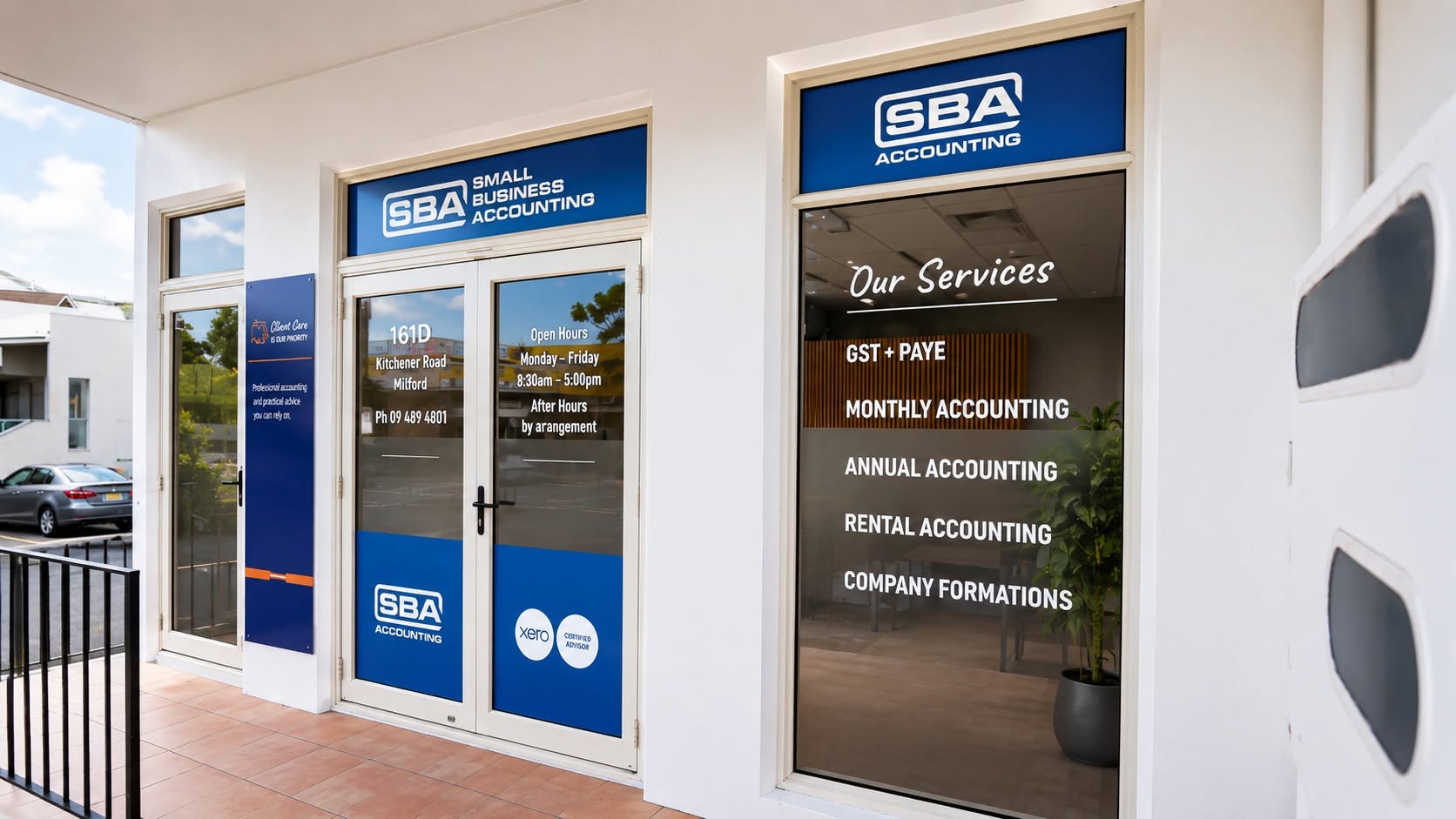 SBA Milford entrance window graphics