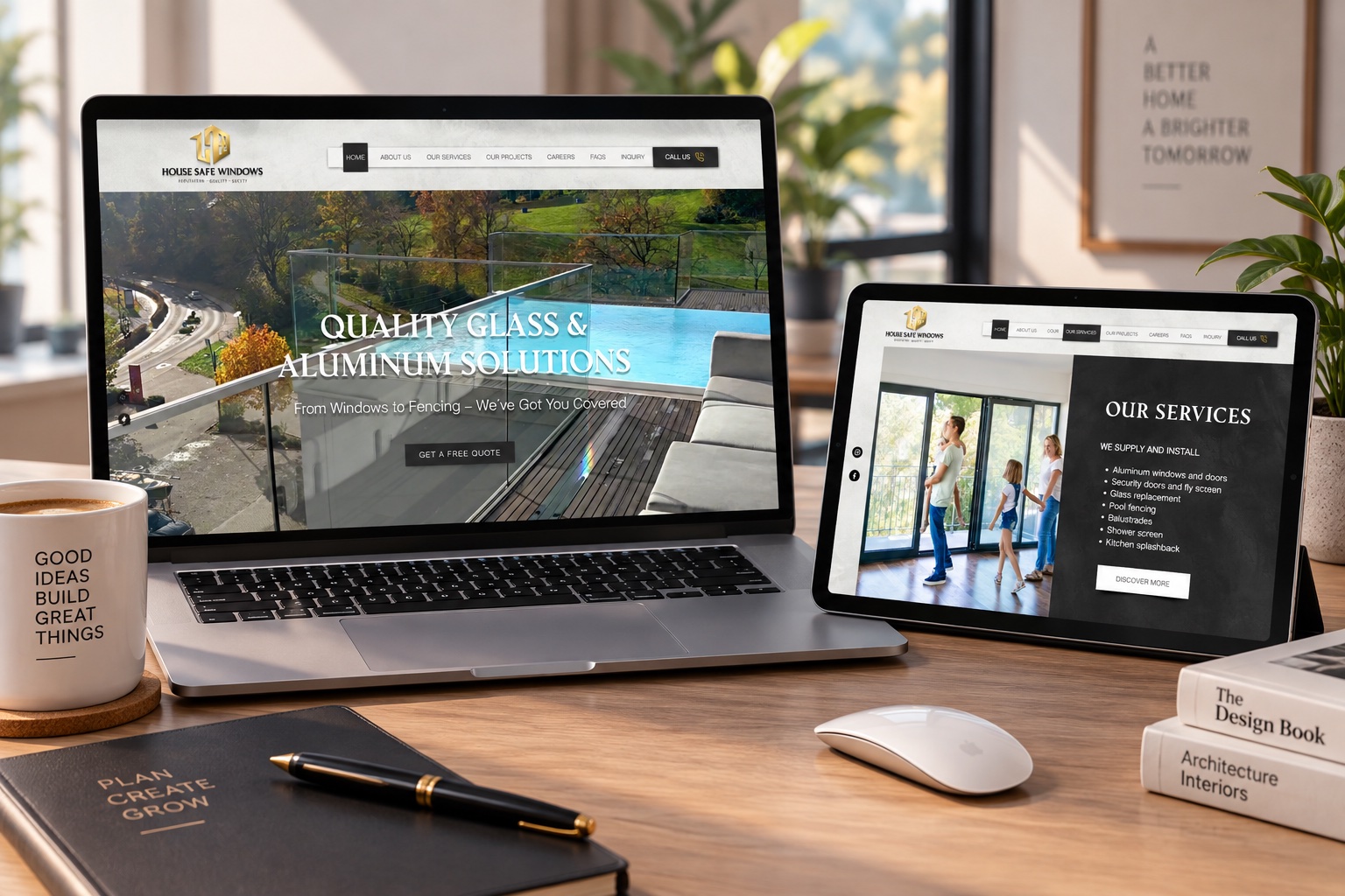 House Safe Windows business website design displayed on a laptop and tablet