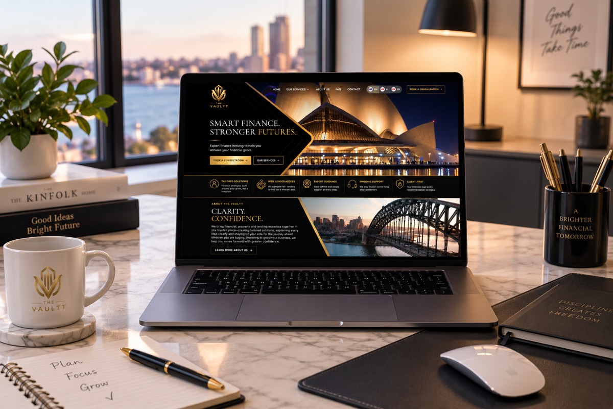 The Vaultt finance website design displayed on a laptop
